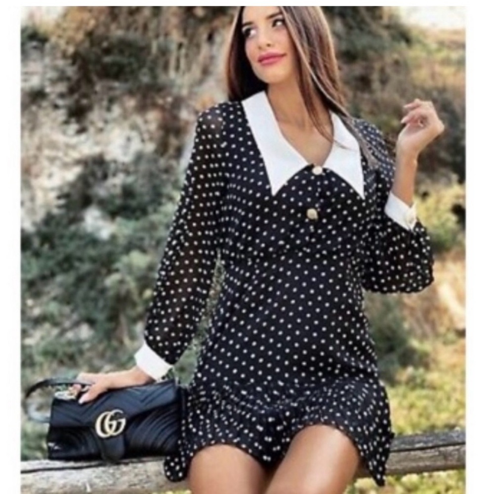 ZARA| Polka Dot Black Dress with White Collar